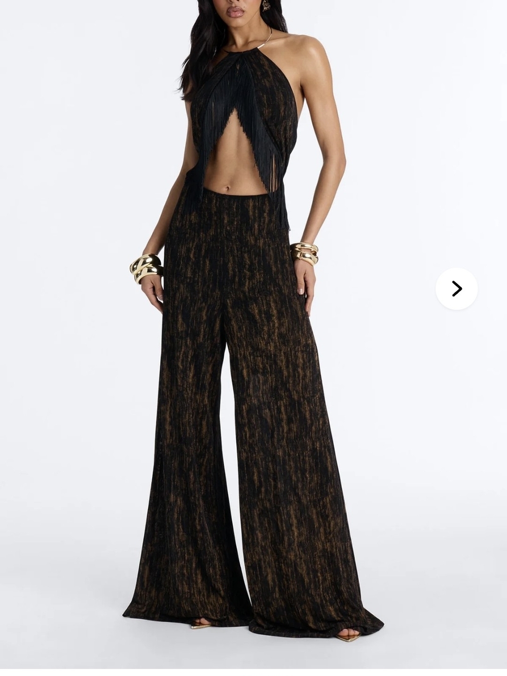 Fringe Halter Wide-Leg Jumpsuit in Black and Brown